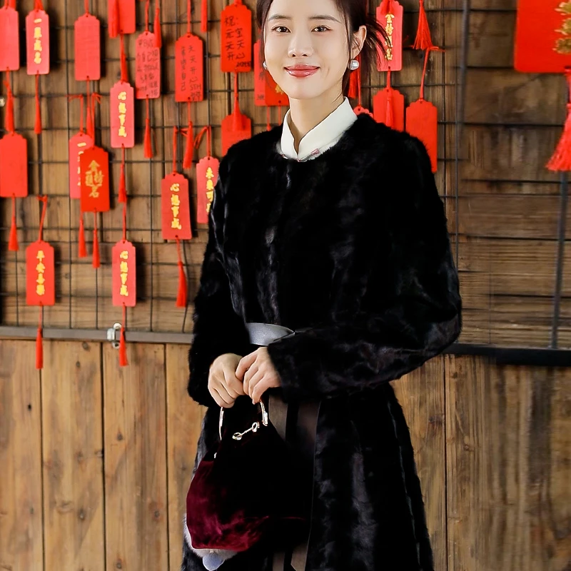 复古日记“暮夜”原色！中长款钻石花刀进口貂风衣式外套大衣24HD068