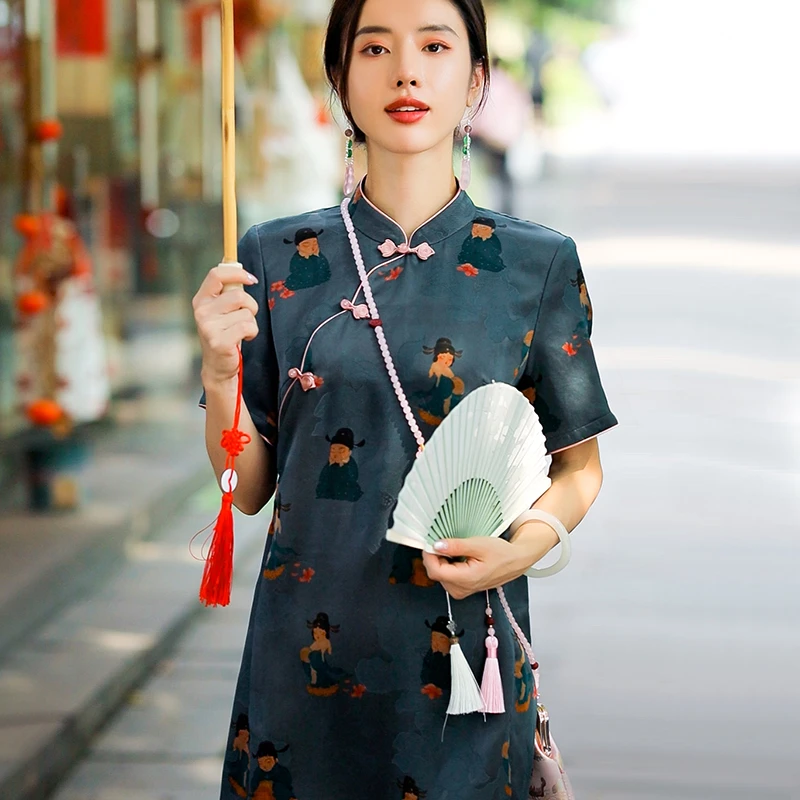 复古日记100桑蚕丝异色罗新中式显瘦国风夏季旗袍连衣裙242L7243