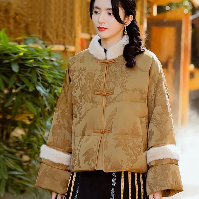 复古日记冬季国风日常外套新中式女设计师款琉璃金羽绒服23HR088