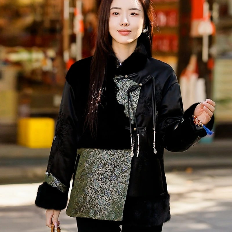 复古日记“缠枝纹”新中式醋酸刺绣水貂拼接百搭鹅绒服外套24HR250
