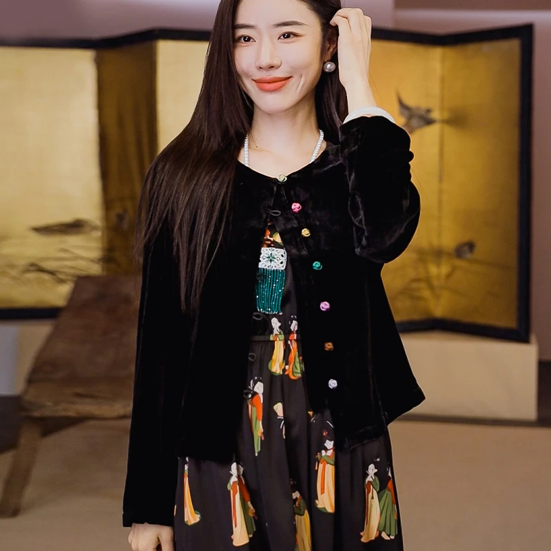 复古日记100桑蚕丝秋季新品新中式圆领长袖丝绒女士短外套24GW309