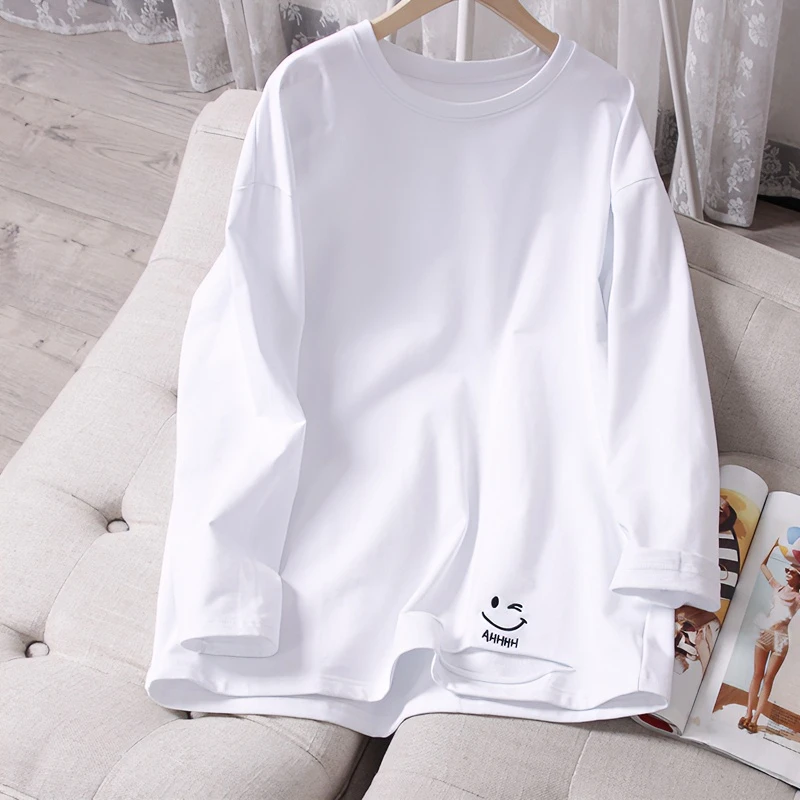 2023秋冬新款时尚休闲加绒保暖圆领长袖白T女宽松大码加厚白T潮