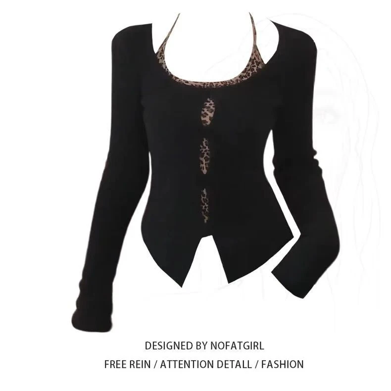 两件套纯欲风长袖t恤开衫女秋季2024新款豹纹挂脖内搭叠穿上衣女