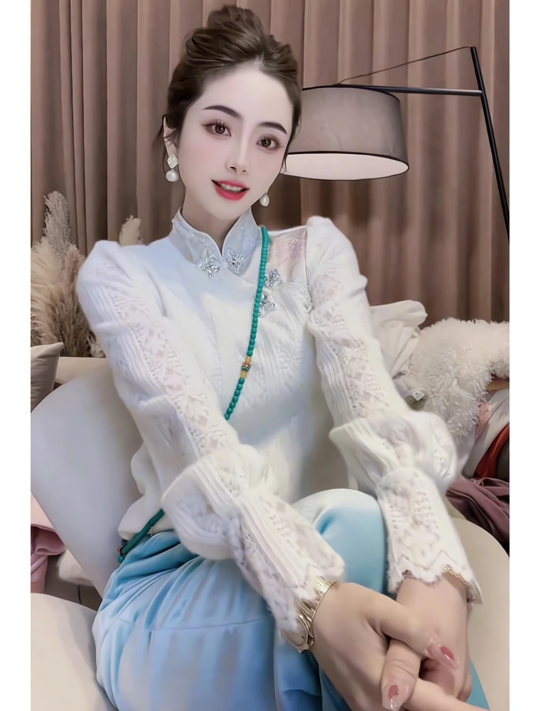 新中式国风加绒衬衫女冬装2024新款修身内搭衬衣重工蕾丝打底上衣