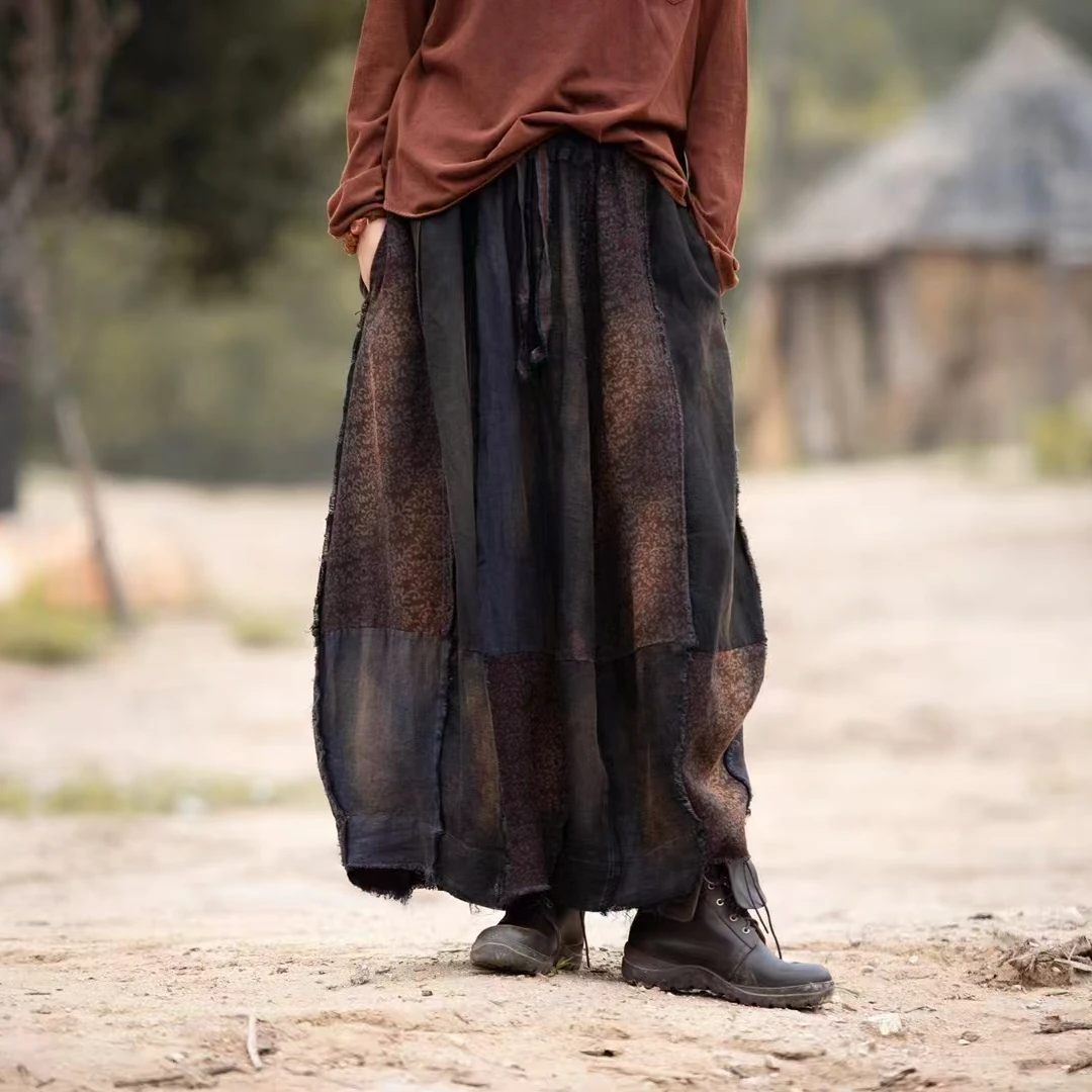 麻依者2023秋季亚麻植物染做旧花苞裙松紧抽绳拼接撞色长半裙1095