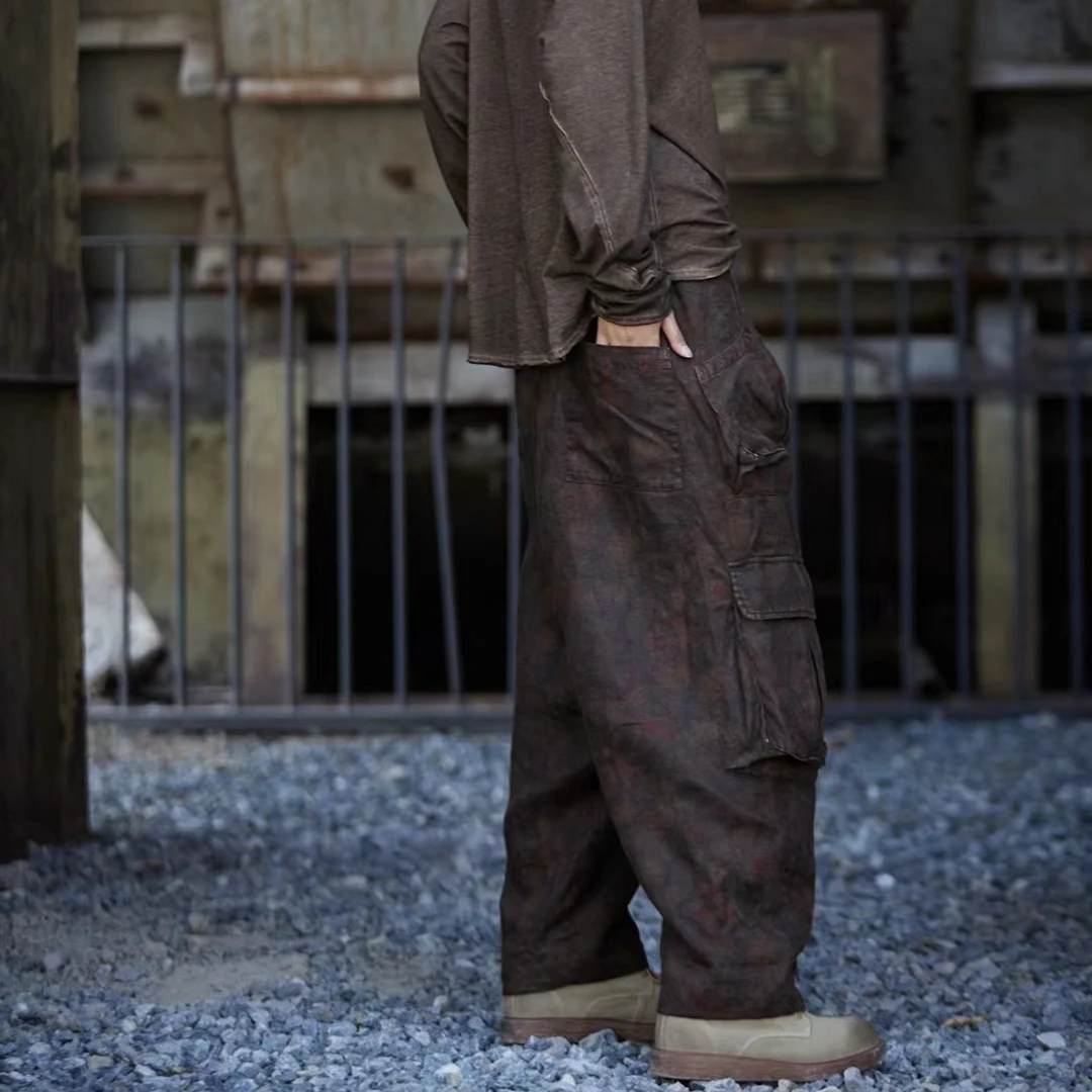 麻依者24冬季亚麻工装裤植物染印花夹棉加厚大口袋复古棉裤1169