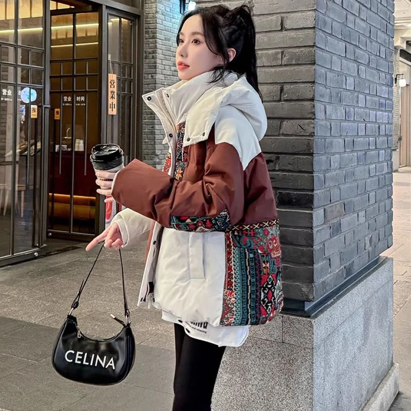 时尚国潮撞色拼接女士羽绒羽绒服2023冬季新款设计感小个子短款外