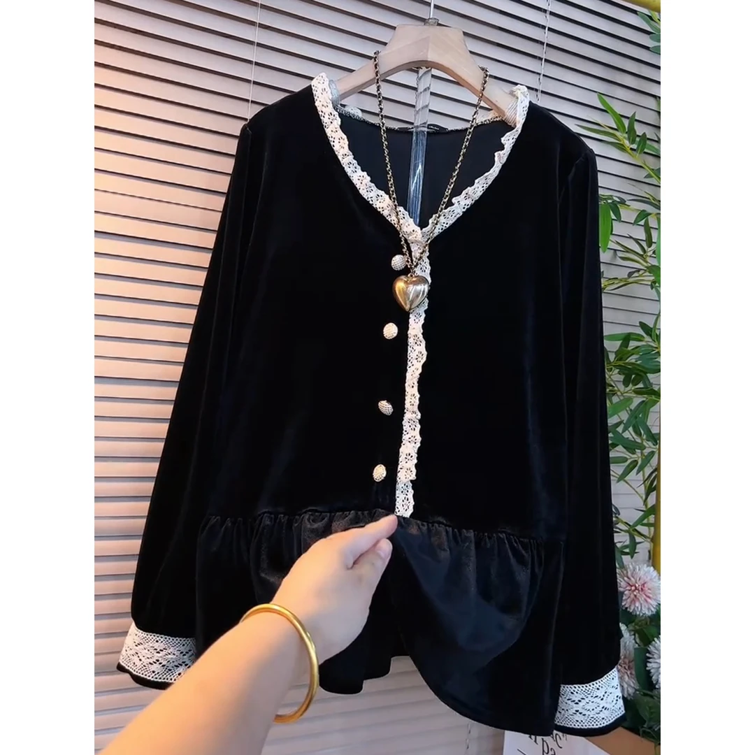 大码女装胖妹妹秋季显瘦衬衫遮肉V领丝绒时尚宽松新款设计感