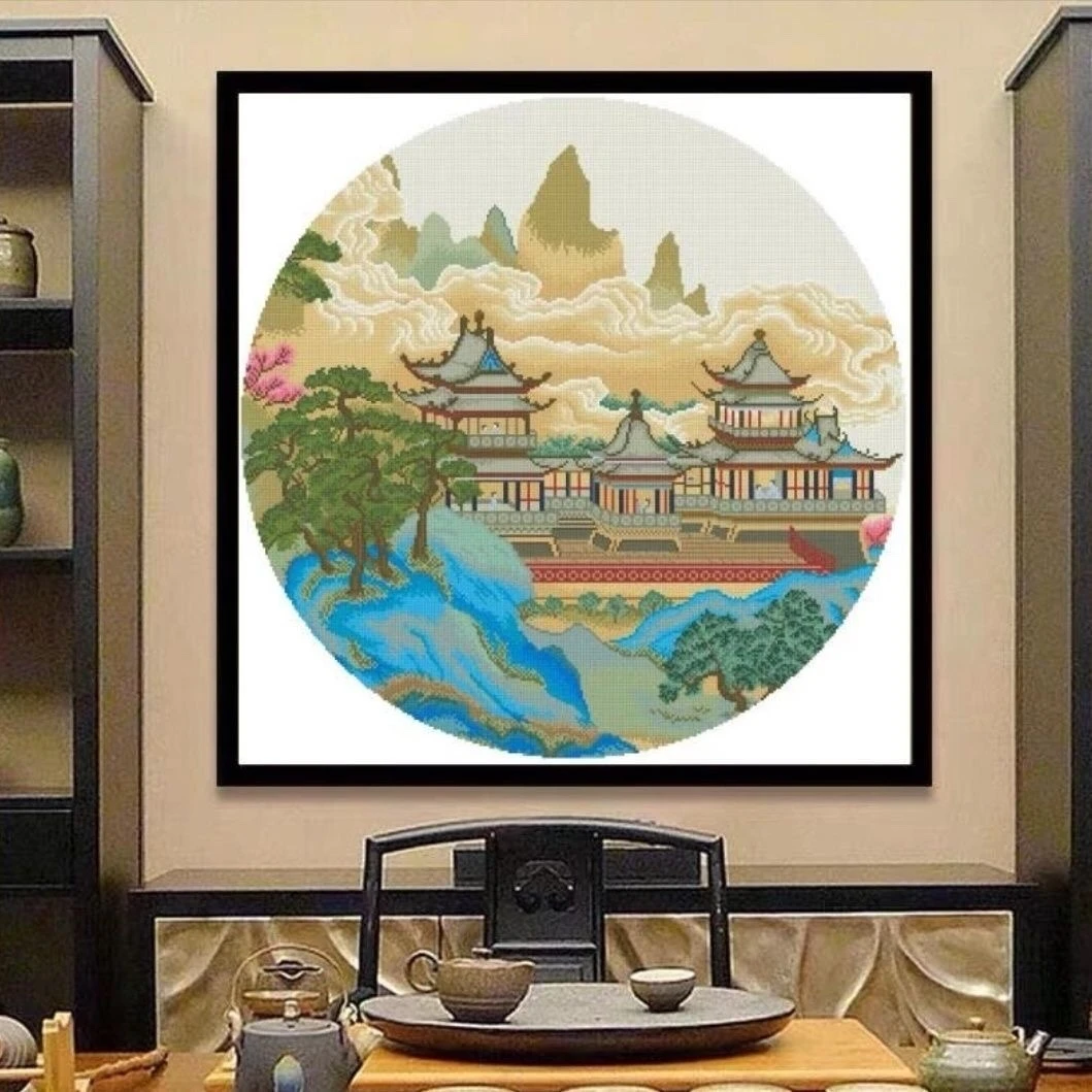 金丝布苓岩绮阁圆形2022新款客厅大格四股90*90厘米满绣