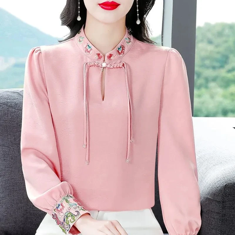 2024春装新款高端国风雪纺衬衫长袖减龄百搭中式上衣刺绣小衫女