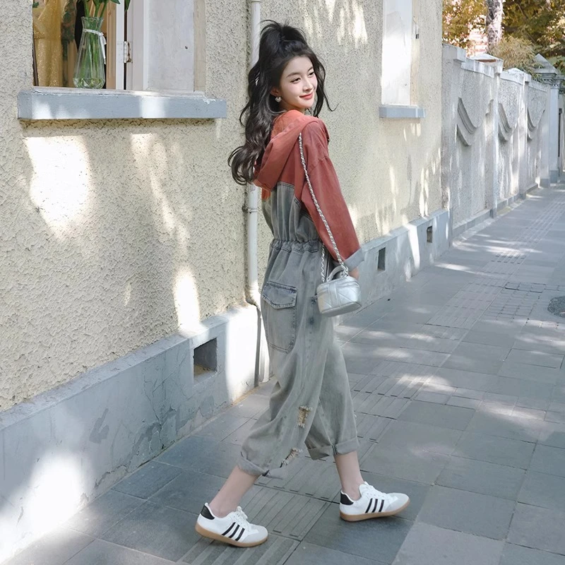 长袖拼接牛仔连体裤女春秋款小个子高级设计感宽松休闲阔腿连衣裤