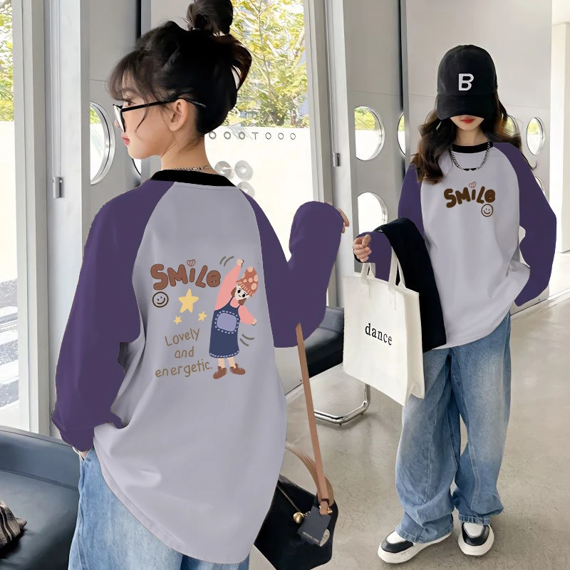 女童装插肩长袖t恤春秋装拼色中大童洋气休闲儿童宽松百搭打底衫