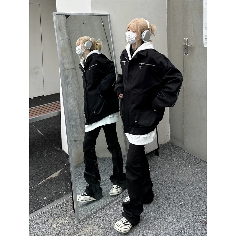 美式复古高级感翻领夹克外套女2024年春季新款宽松港风chic棒球服