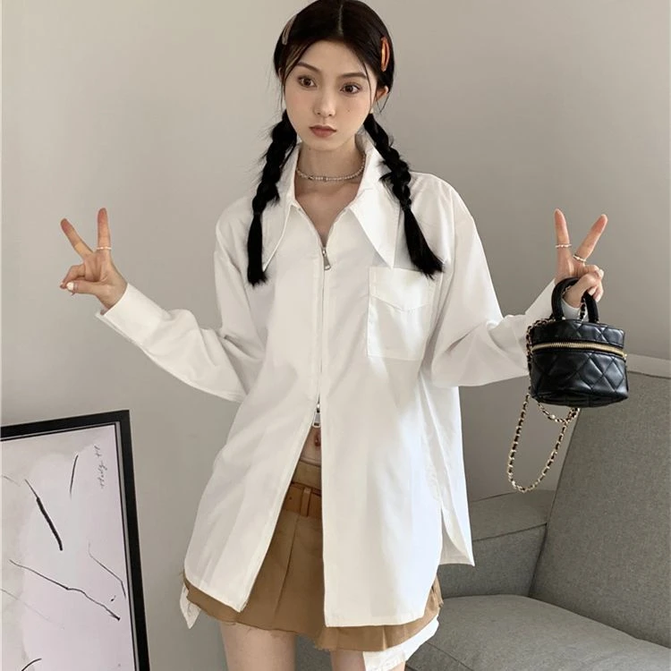 法式拉链白色polo领长袖衬衫女春秋装设计感小众衬衫内搭打底上衣