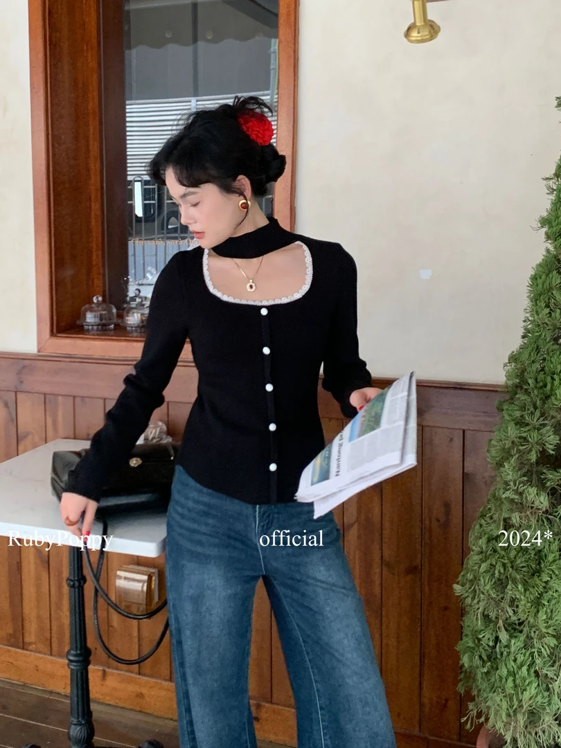 泡面卷儿【自由简意】法式蕾丝花边镂空挂脖针织衫显瘦打底内搭6701