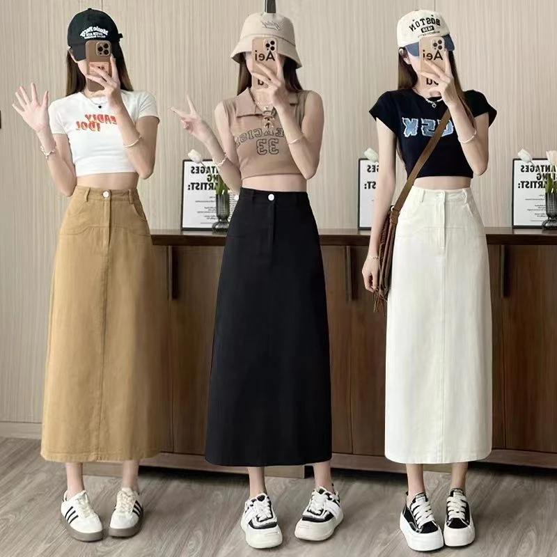 中长款牛仔洗水棉一步裙女2024春季新款韩版简约时尚后开叉A字裙