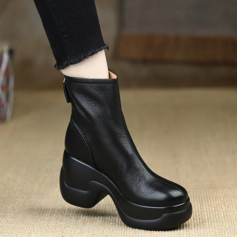 不累脚高跟靴子女9厘米防滑厚底坡跟防水台短靴百搭软羊皮瘦瘦靴