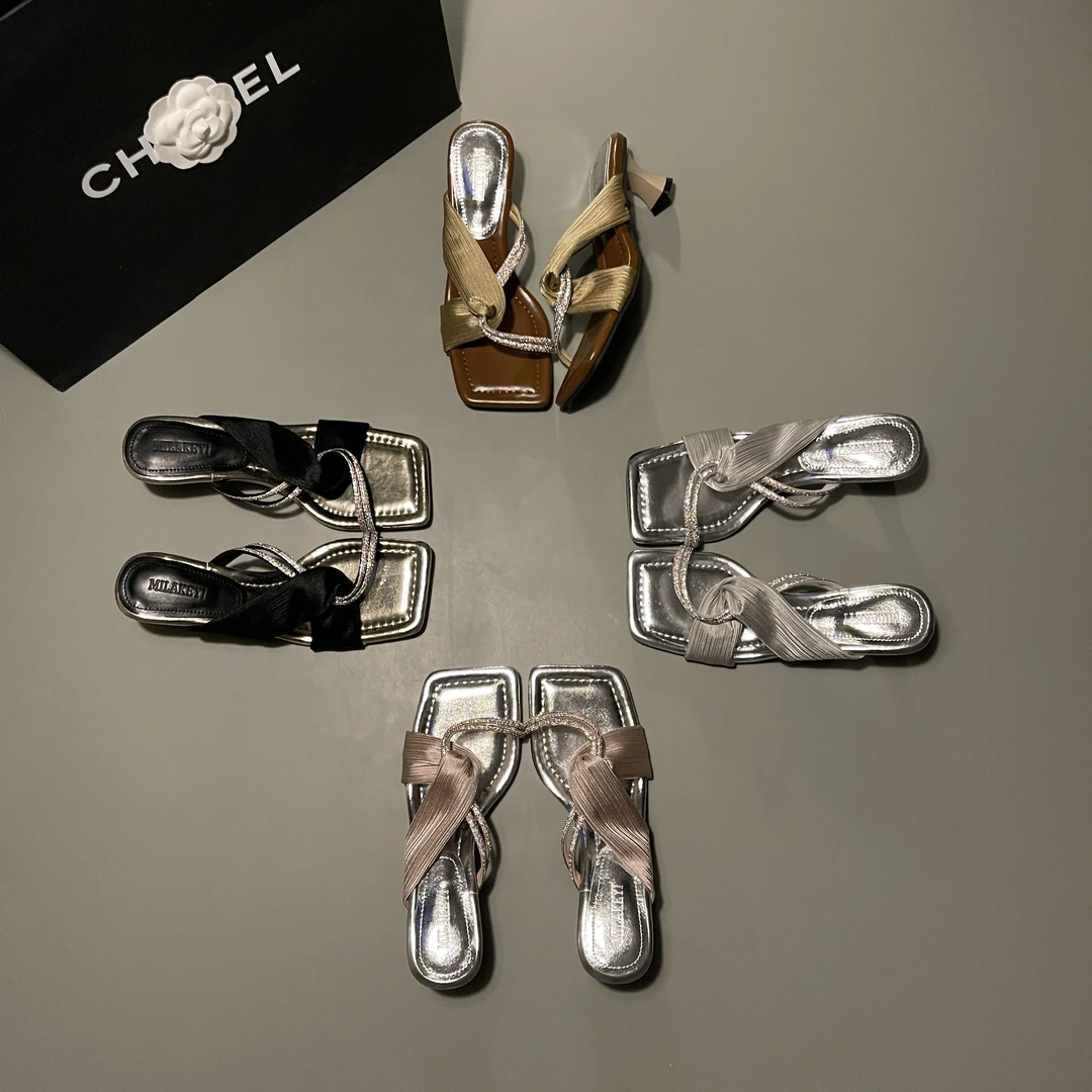 2024年夏季新款交叉丝带水钻链条爆款时尚气质百搭方头细根高跟鞋