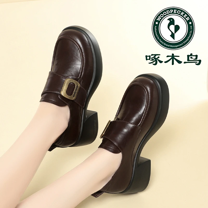 啄木鸟小皮鞋女2025春秋款单鞋厚底女鞋软底英伦风乐福鞋黑色百搭
