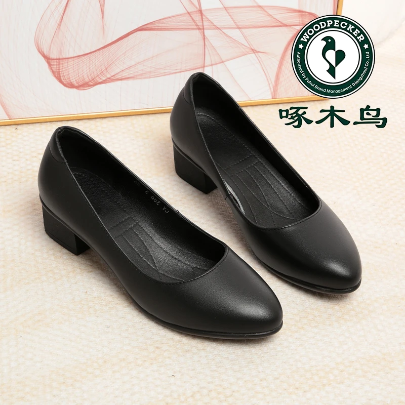 啄木鸟久站不累工作鞋职业黑色上班鞋不累脚平底单鞋软底软面皮鞋