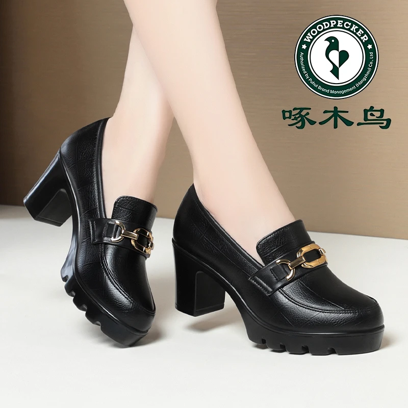 啄木鸟高跟乐福鞋新款春秋皮鞋不累脚深口单鞋舒适走秀鞋粗跟女鞋