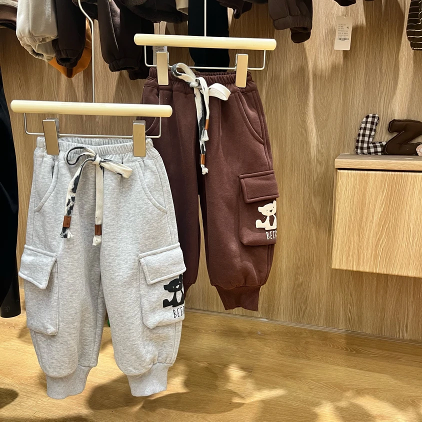 【原创设计品牌】lz&kids 782冬季儿童加绒卫裤一体绒运动款工装裤