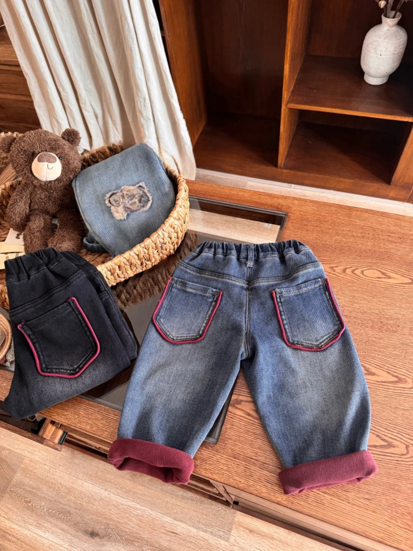 【原创设计品牌】ydd&kids 6071冬季女童牛仔裤一体绒加绒宽松牛仔