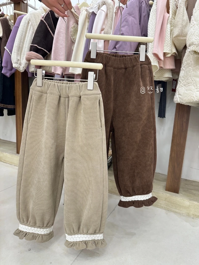 【原创设计品牌】yt&kids 8790冬季女童加绒休闲裤收口坑条针织长裤