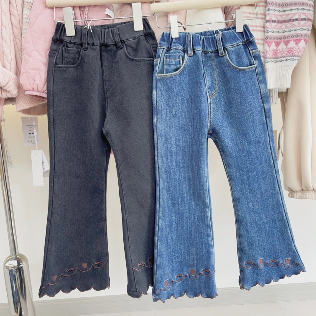 【原创设计品牌】js&kids 8054女童冬款牛仔裤洋气韩版加绒喇叭裤