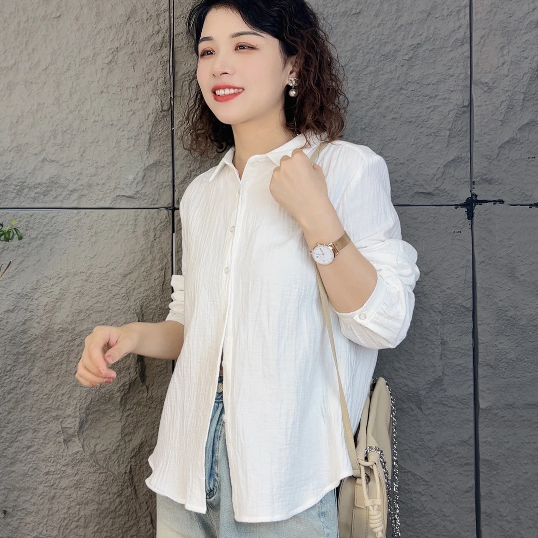 玉子CS1080婴儿棉纱气质长袖白色时尚休闲百搭宽松纯棉衬衫