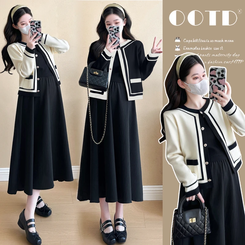 孕妇秋装套装韩版时尚气质小香风裙子秋季外穿显瘦连衣裙开衫外套