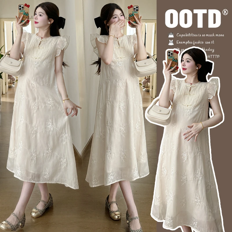 孕妇夏装连衣裙2025新款夏季时尚显瘦孕妇装刺绣飞飞袖甜美A字裙