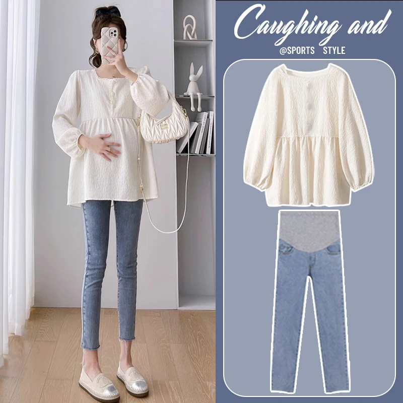 孕妇秋装上衣时尚小个子洋气时髦秋季气质方领娃娃衫2025春秋新款