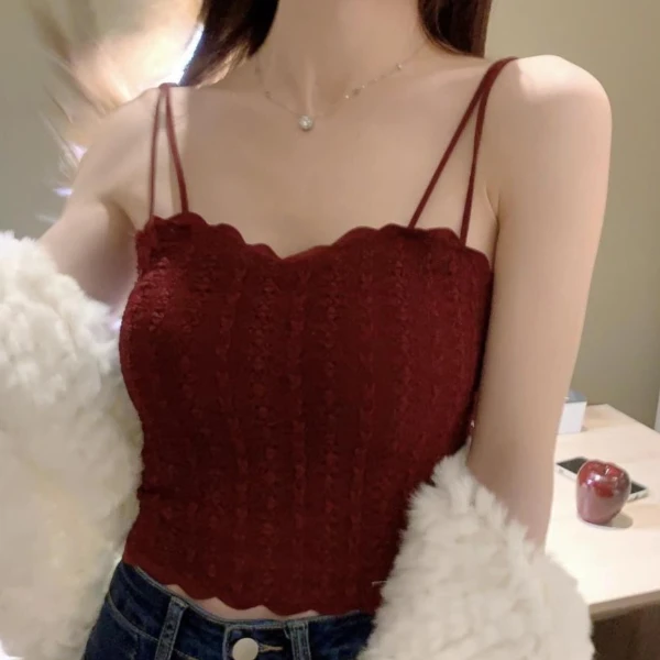 樱桃红复古红背心女款本命年蕾丝带胸垫花边网红百搭美背打底上衣