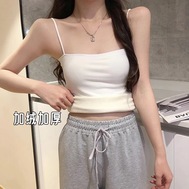 加绒加厚吊带背心女冬季带胸垫外穿美背西装内搭打底保暖内衣上衣
