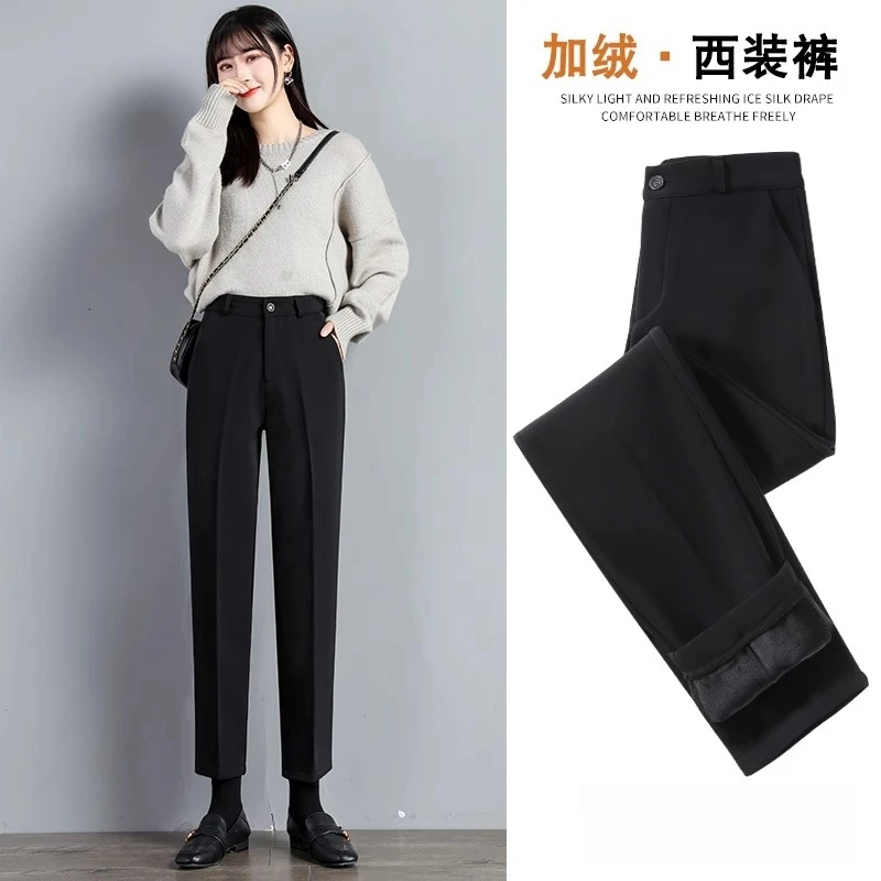 西装裤女春秋烟管裤九分高腰显瘦秋冬加绒加厚职业西裤直筒裤小脚