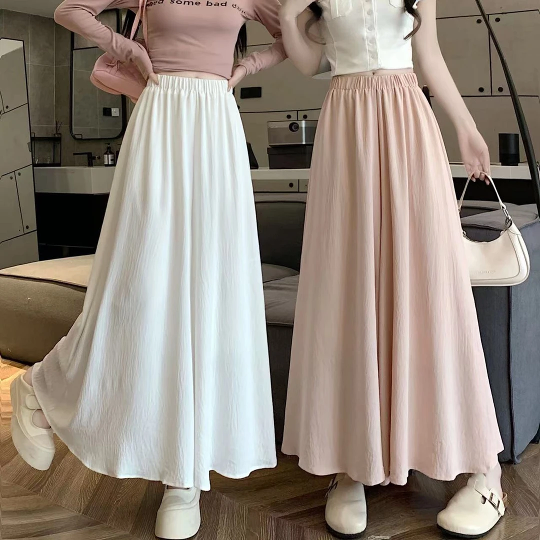 白色裙裤女夏季薄款小个子百褶a字半身裙棉麻高腰直筒垂感阔腿裤