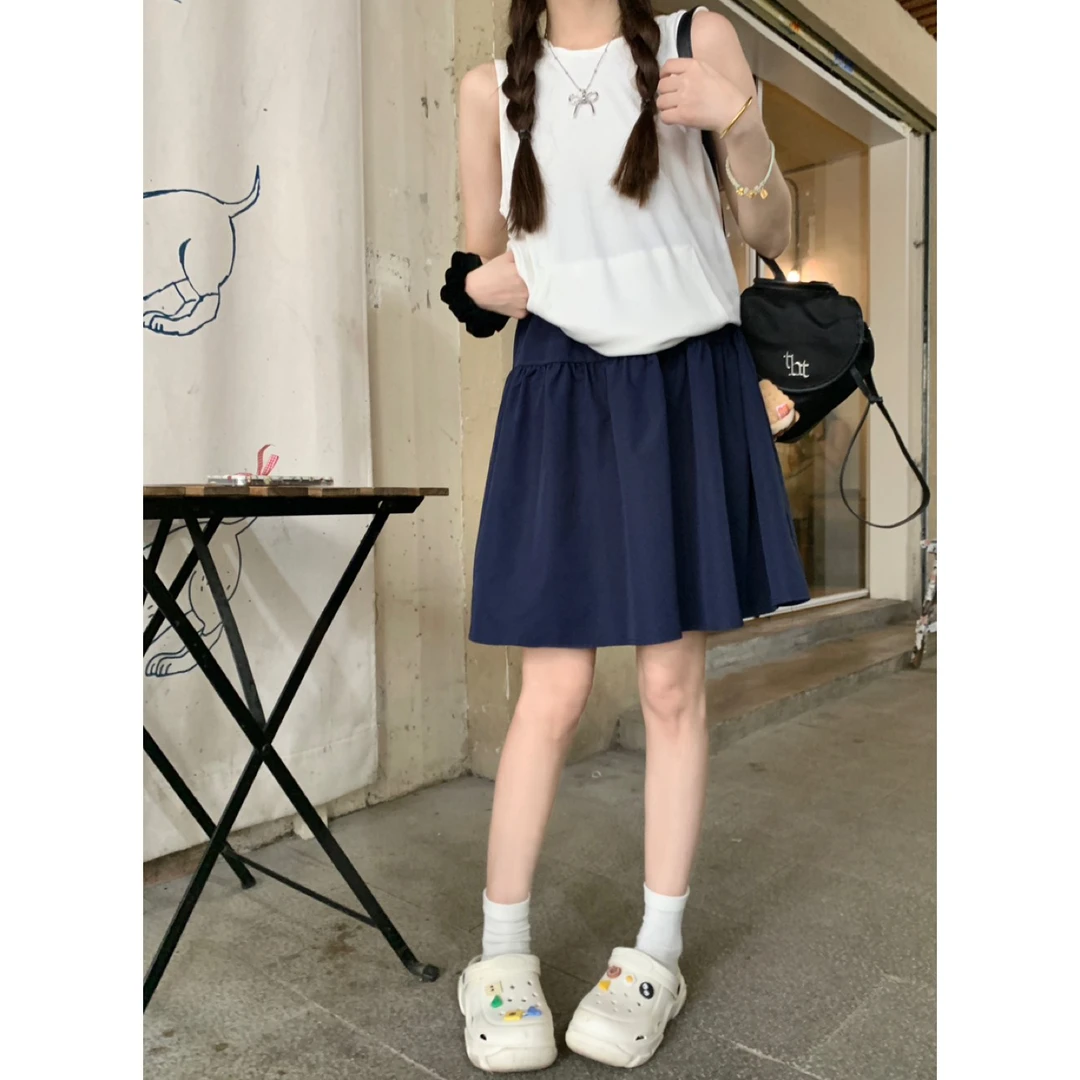 日系休闲松紧半身裙夏季百搭学院风高腰小个子短裙