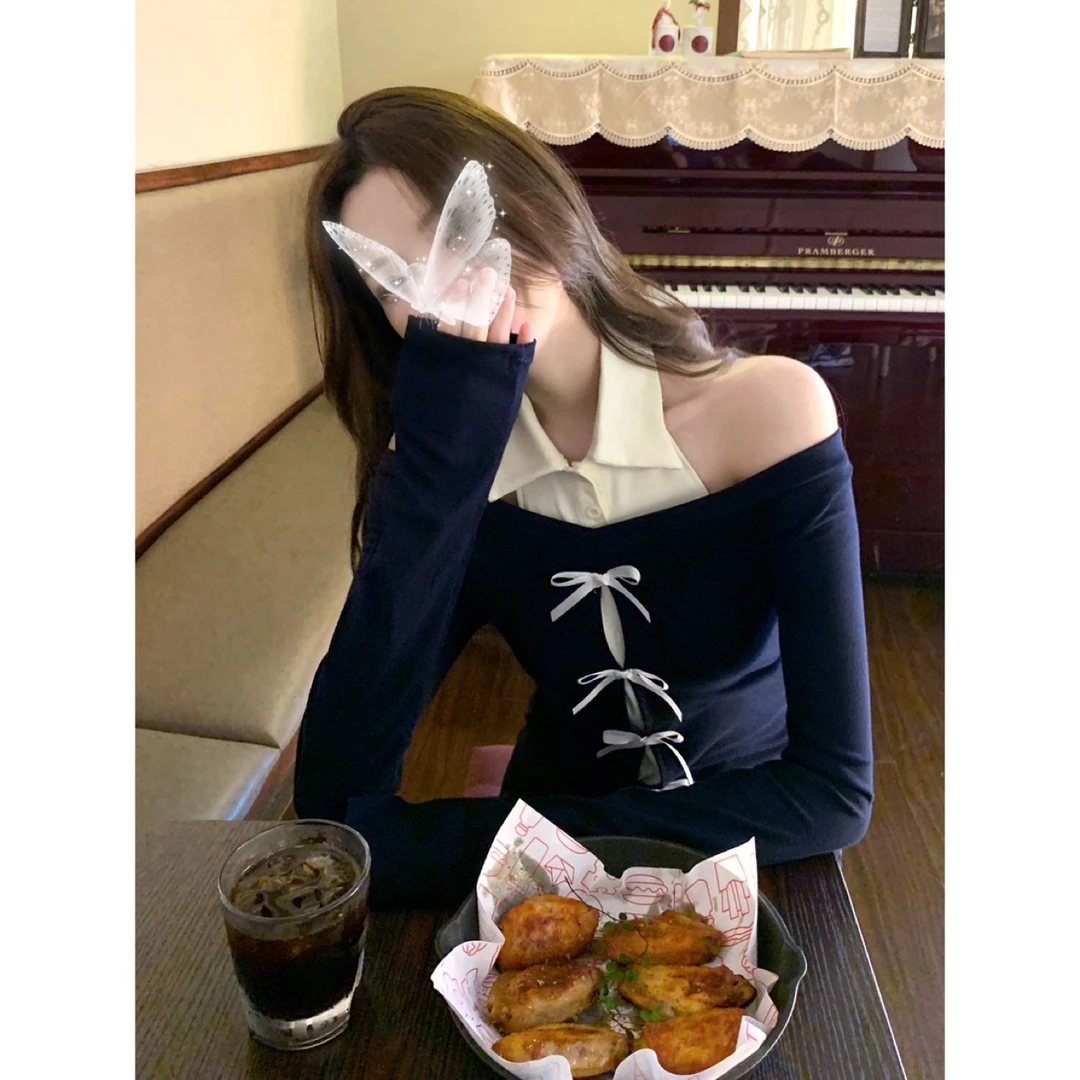 设计感芭蕾风假两件针织上衣秋季蝴蝶结修身显瘦长袖百搭T恤