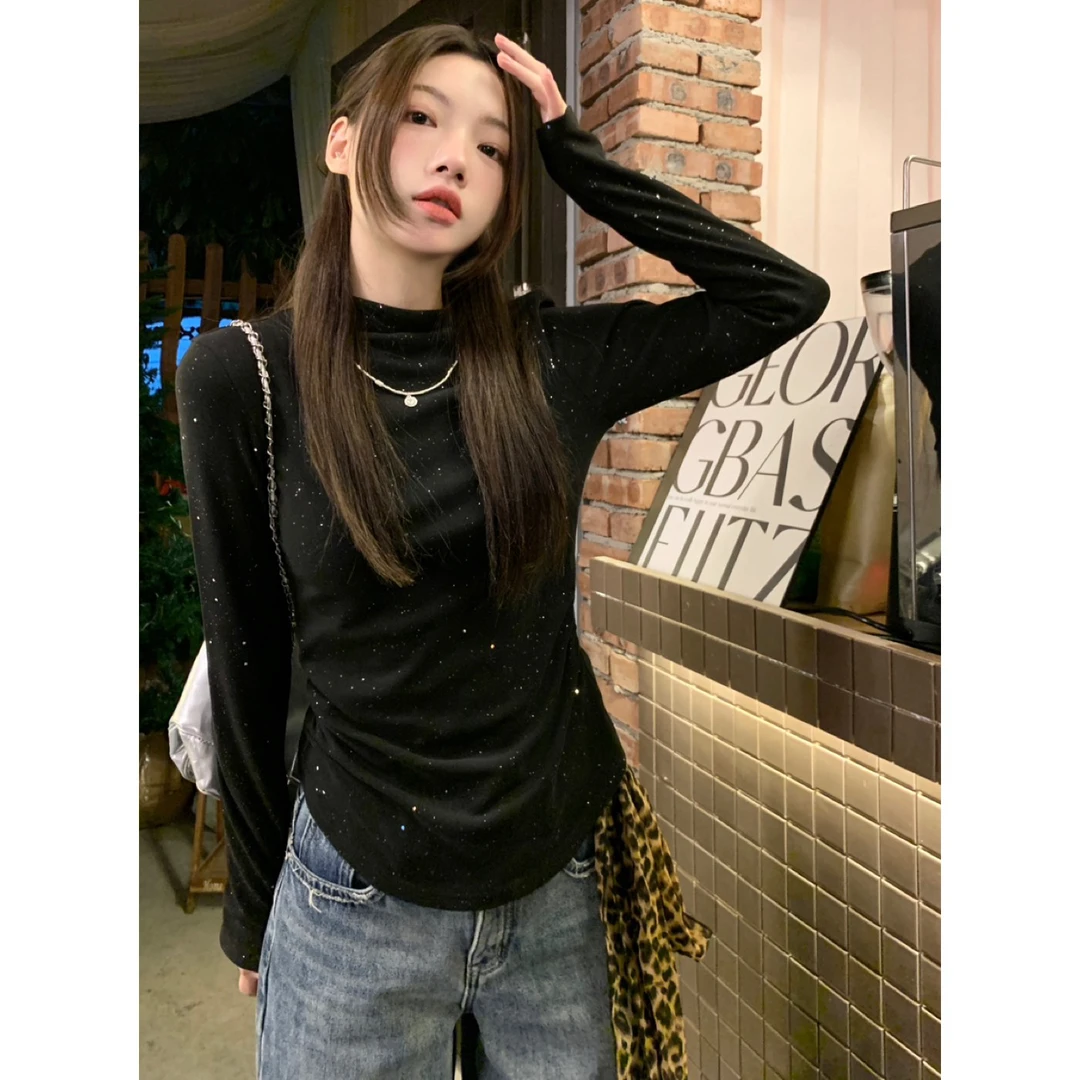 黑色长袖半高领打底衫女秋冬高级修身性感德绒加厚烫金内搭上衣