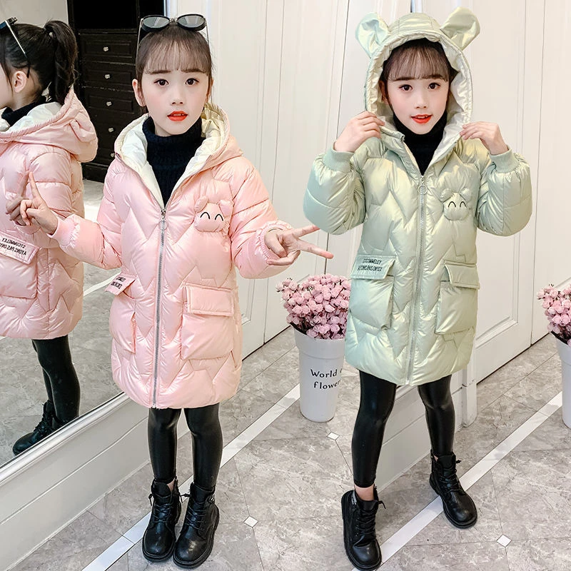 女童棉衣冬装2023新款韩版中大童洋气外穿加绒棉袄中长款连帽棉服