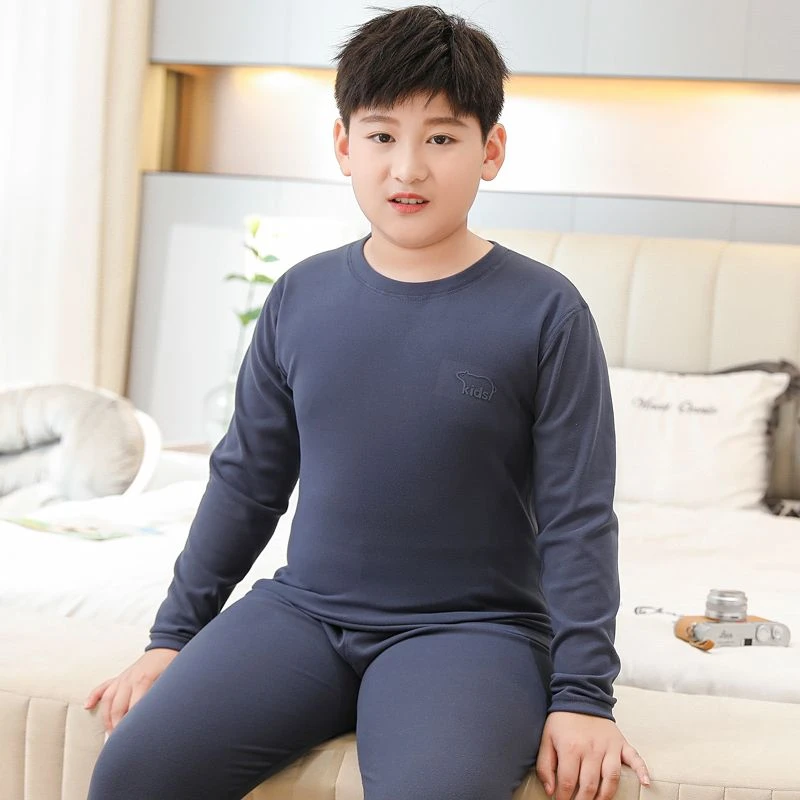 青少年胖童双面磨毛内衣套装中大童打底加肥加大男睡衣学生打底衫