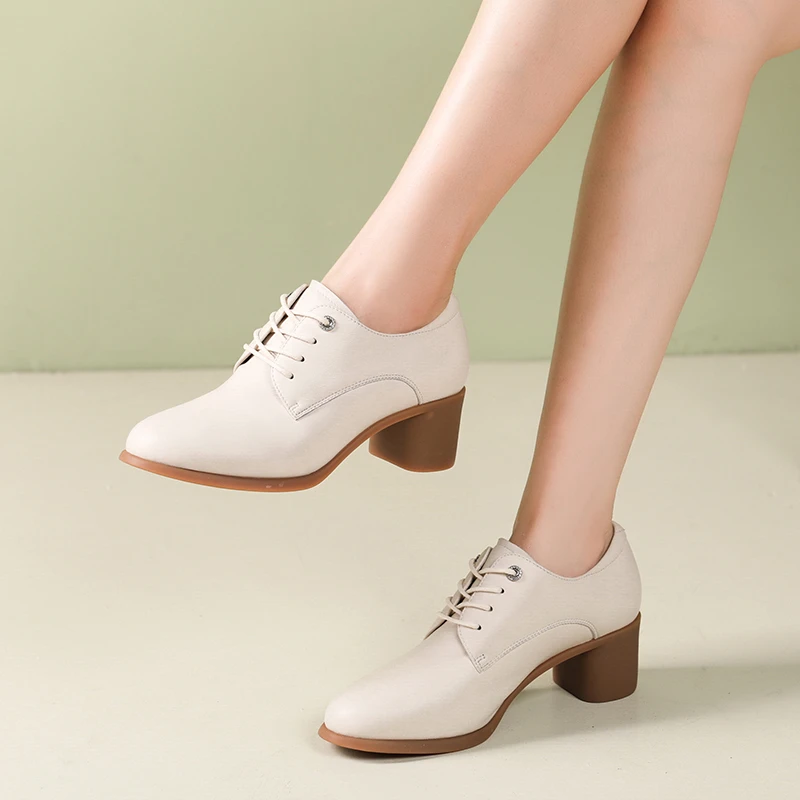 5cm欧邦驰软底空姐鞋女春秋单鞋真皮耐磨职业工作鞋舒适系带皮鞋