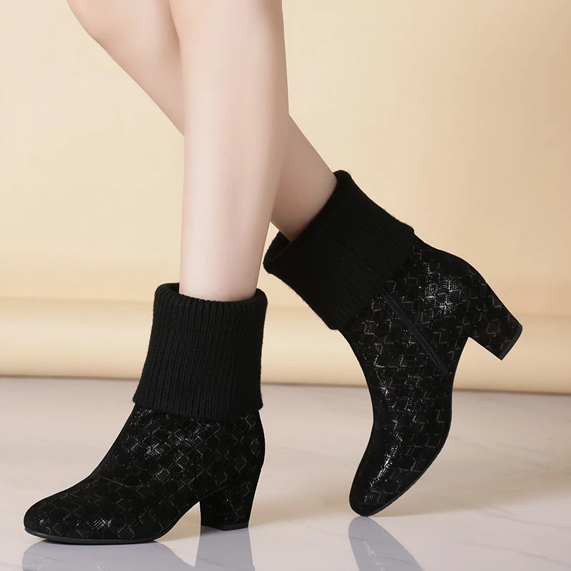 袜靴2023年真皮新款毛线口短靴女春秋单靴中长款粗跟百搭瘦瘦靴子