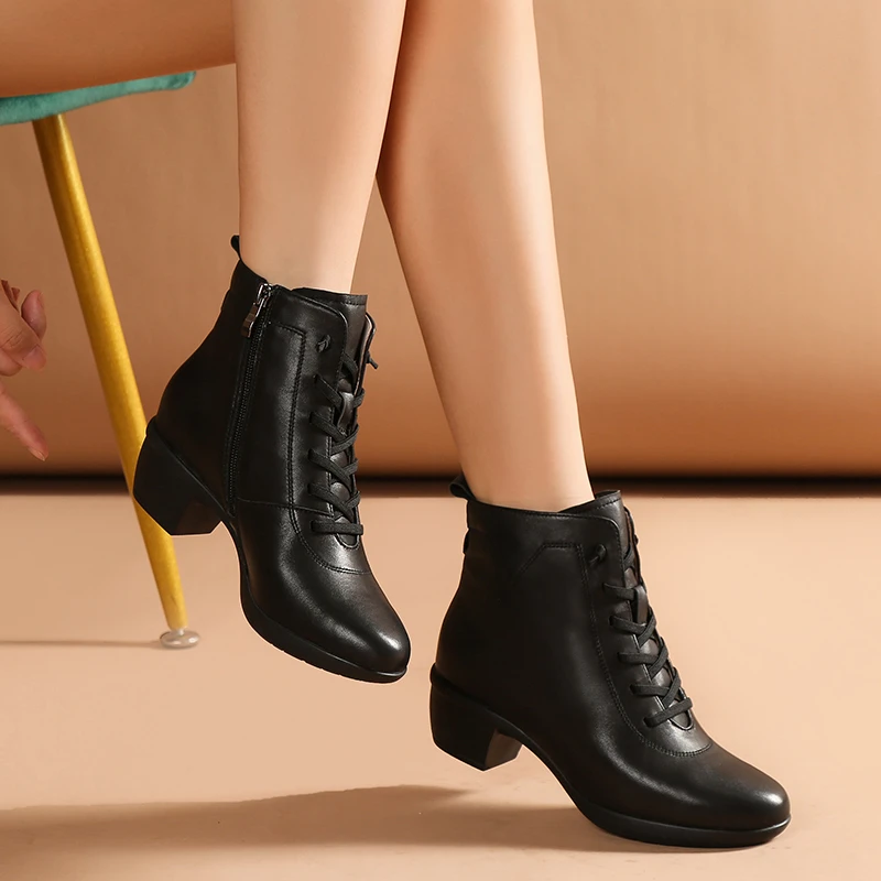 4.5CM马丁靴新款真皮粗跟加绒短靴春秋单靴舒适棉靴机车耐磨裸靴