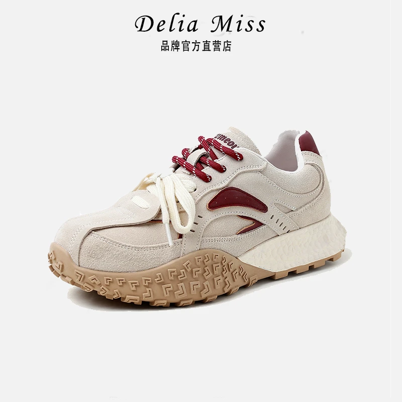 迪莉桠新款时尚百搭厚底阿甘鞋牛皮拼色双鞋带舒适休闲厚底休闲鞋