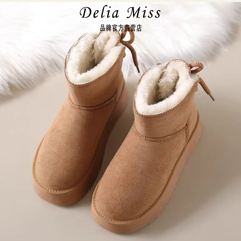 迪莉桠新款时尚百搭柔软保暖雪地靴纯色蝴蝶结厚底短靴休闲鞋女靴