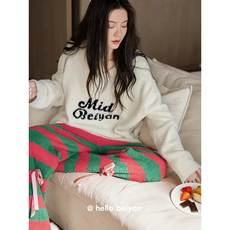 贝妍秋冬季圣诞风睡衣女慵懒风半边绒家居服保暖可外穿珊瑚绒套装