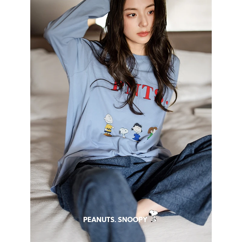 贝妍史努比睡衣女春秋柔软棉休闲长袖长裤套装外穿宽松大码家居服