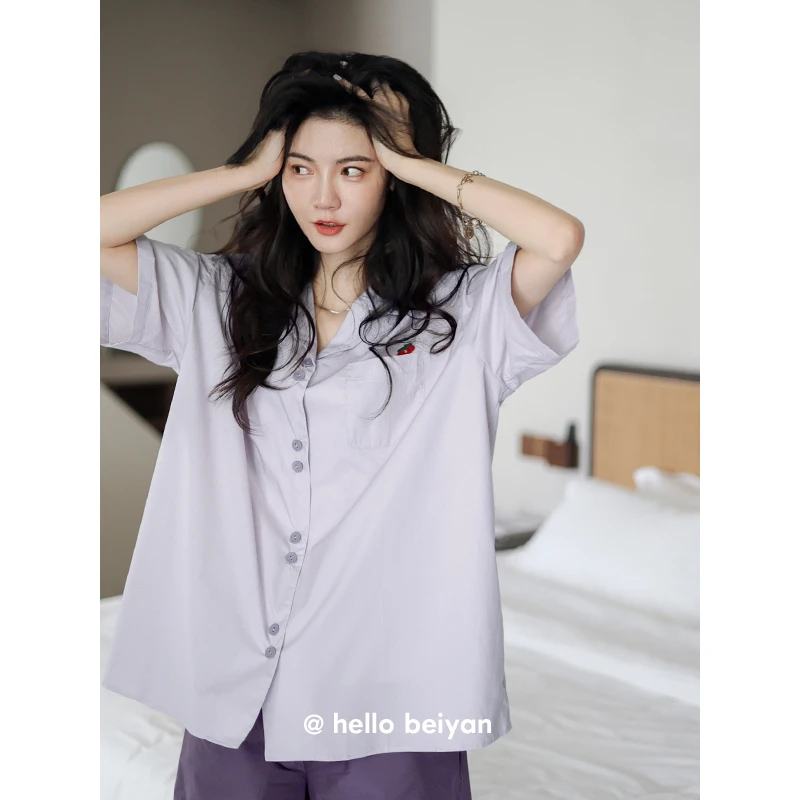 贝妍夏季薄款睡衣女简约小众设计感宽松休闲短袖可外穿家居服套装